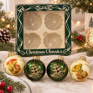 Vintage Christmas By Krebs Glass Ornaments Noel Green Mushroom Set of 4 Boxed